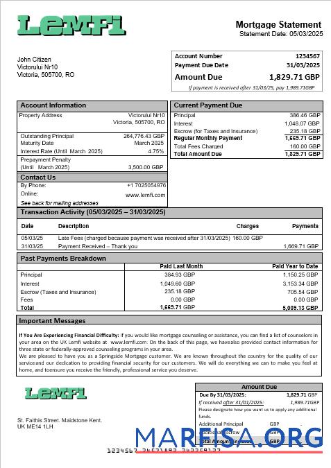 Blank UK Lemfi mortgage statement in Word and PDF formats download for verification
